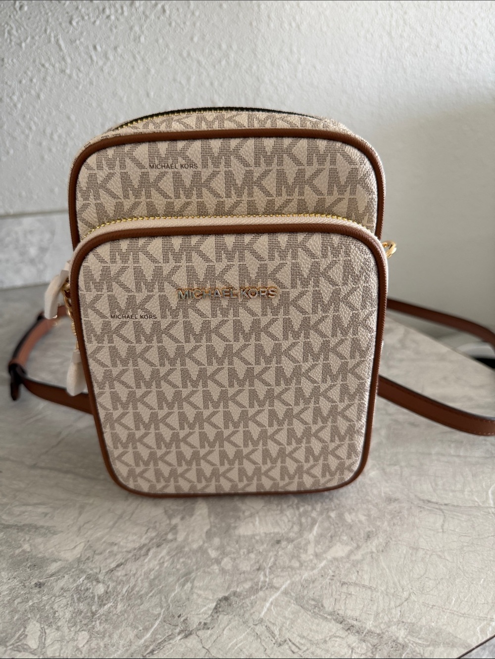 Michael Kors Neutral MK Logo Compact Crossbody with Brown Trim